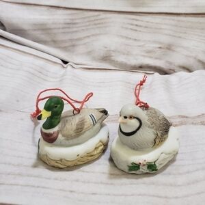 Homco Mallard Duck & Partridge Bird Ceramic Christmas Ornaments 2 Inch